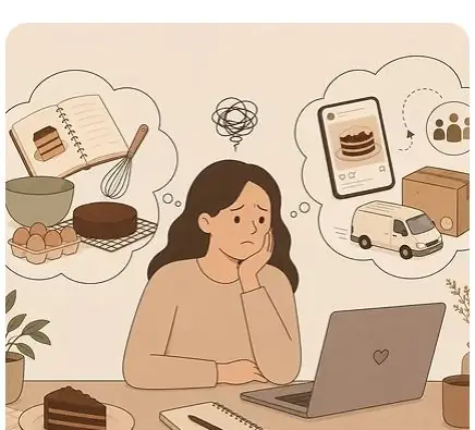 Mulher planejando venda de bolos em casa